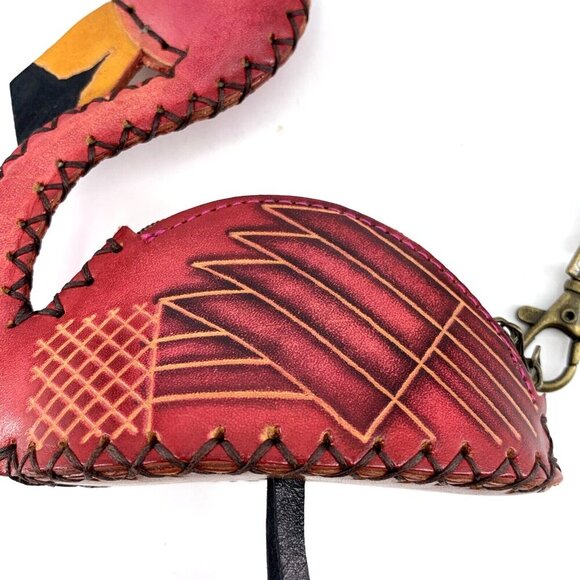 Flamingo Wristlet Leather Purse Figural Hand Crafted Tooled Overstitched 5 x 5" - Picture 7 of 11